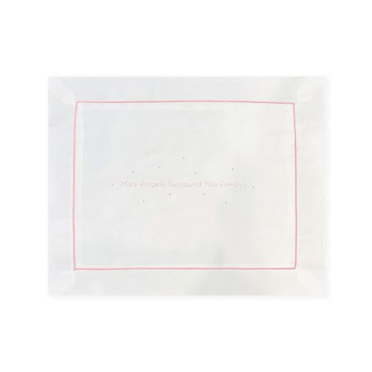 Pillow with "may angels surround you always" embroidered on it in pink