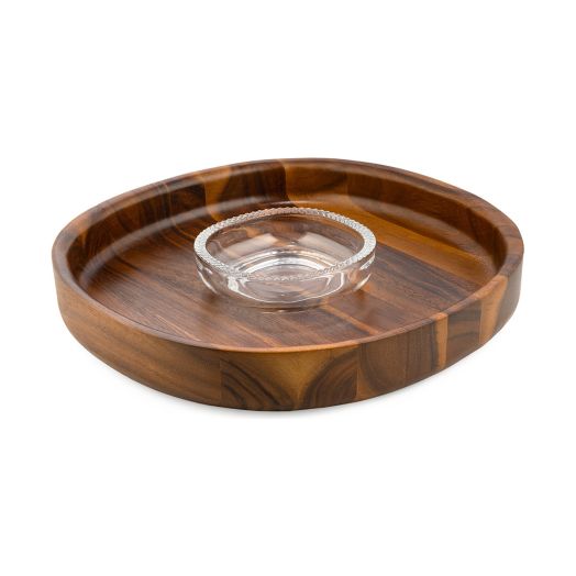 wood chip tray and glass bowl