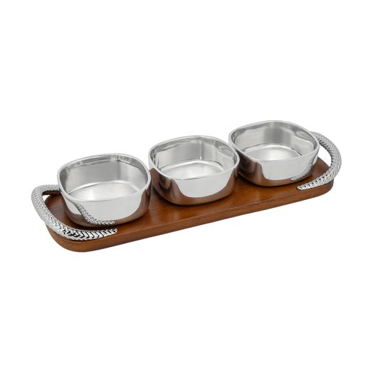 wood serving platter with three bowls