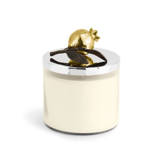 candle with silvertone top accented with golden pomegranate design