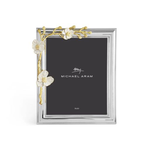 silvertone frame with golden branch and white enamel flower accents
