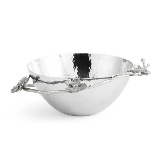 steel bowl with leaf and flower botanical design