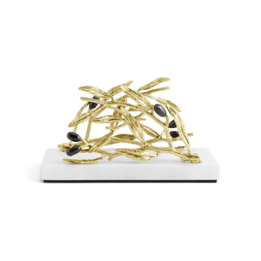 napkin holder with white marble base and yellow gold tone leaves and black olives