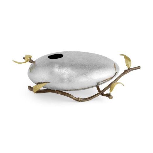 stainless steel oval vase with twig and leaf design