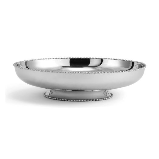 15.25‑inch diameter stainless‑steel footed serving tray, 3.75‑inch height, with hand‑welded molten-edge detailing.