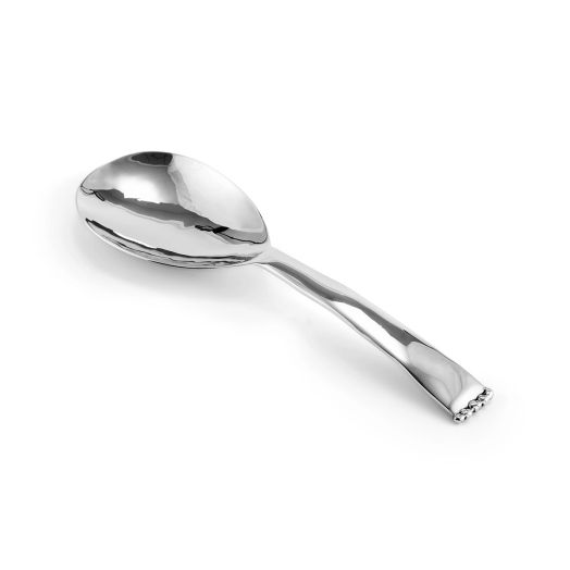 10‑inch stainless steel serving utensil featuring rippled, hand‑welded edges with an organic molten lens.