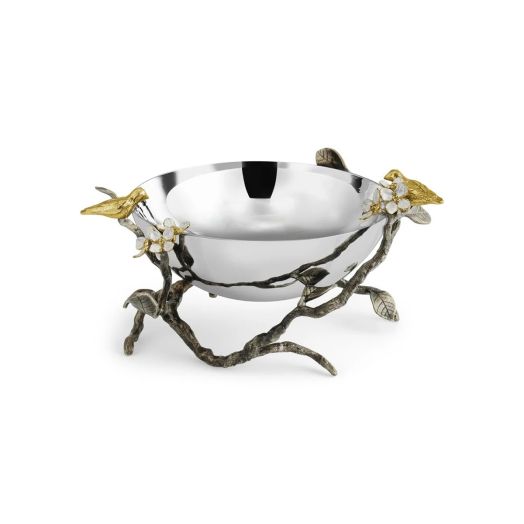 stainless steel bowl with textured branch leaf and bird accents