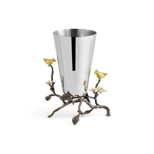 steel vase with branch details and gold tone bird accents