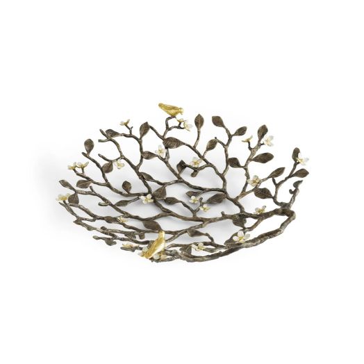 openwork branch and leaf bowl with golden bird accents