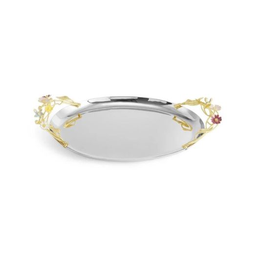 steel oval tray with golden handles accented with multi-color floral accents