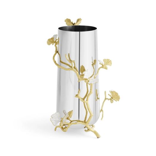 Large stainless steel vase with gold tone butterfly details