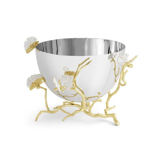 Stainless steel serving bowl with gold tone butterfly details
