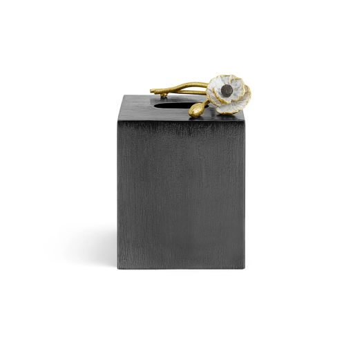 Tissue Box Holder, showcasing the sculpted brass anemone flower on a matte black base