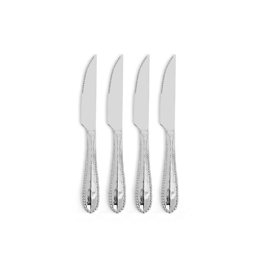 Set of four Michael Aram Molten Steak Knives in silver—each 9.25‑inch stainless‑steel blade with rippled, hand‑welded molten edges in the Molten Collection style.