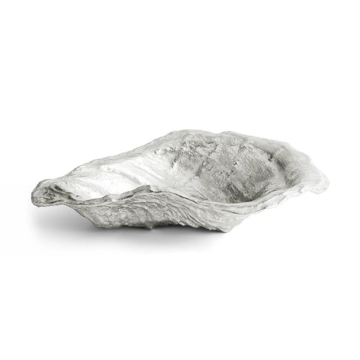 Nickel‑plated oyster‑shell shaped bowl with grey sand‑washed enamel interior, textured ridges and organic silhouette