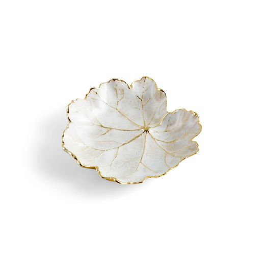 leaf shaped dish with golden accents