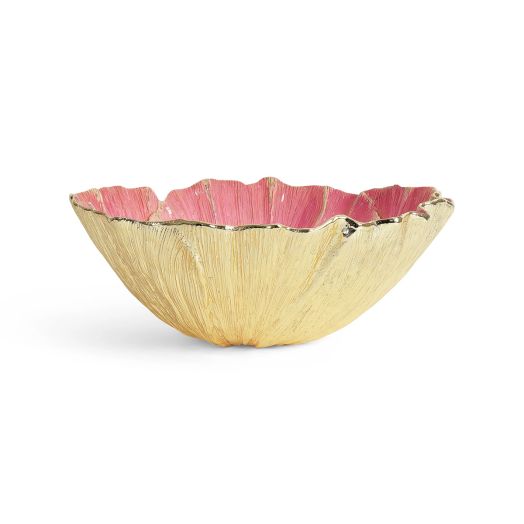 Poppy Bowl showcasing its natural brass exterior and pink enamel interior with poppy-inspired detailing