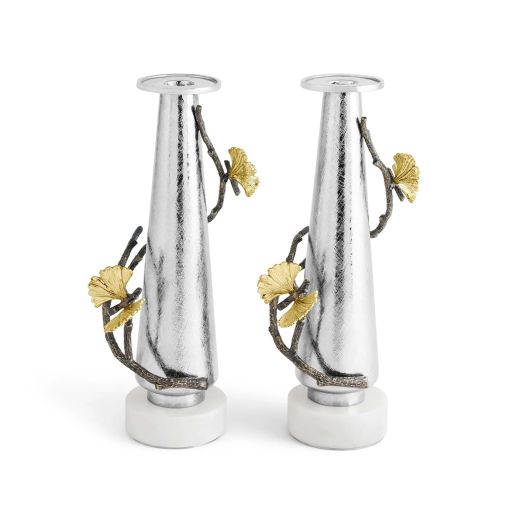 silvertone candlestick holders with etched design, accented with branches and golden butterfly 