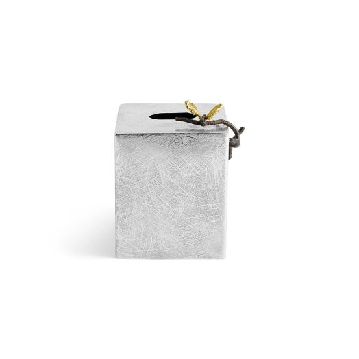 Michael Aram Butterfly Ginkgo Tissue Box (Square) showcasing its hand-textured stainless steel body and sculptural brass accents.