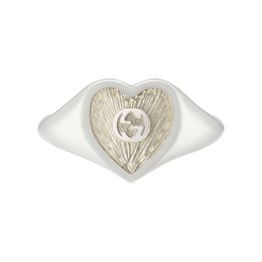 silver heart-shaped ring with mother of pearl effect and interlocking g logo