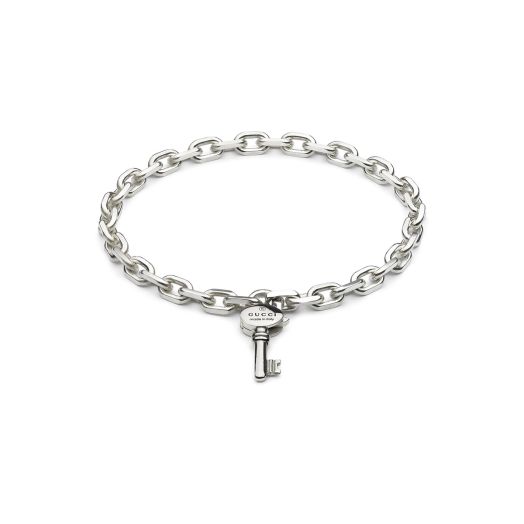 silver chain link bracelet with logo engraved key charm