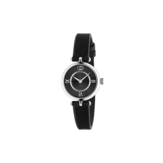gucci watch with black thin strap and black dial, silver-tone accents