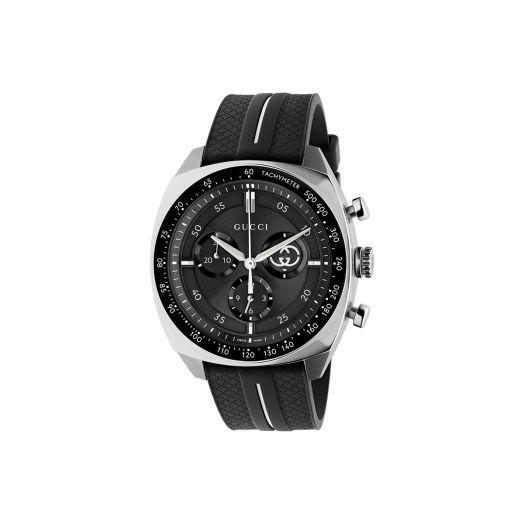 black gucci watch with black rubber strap and black dial