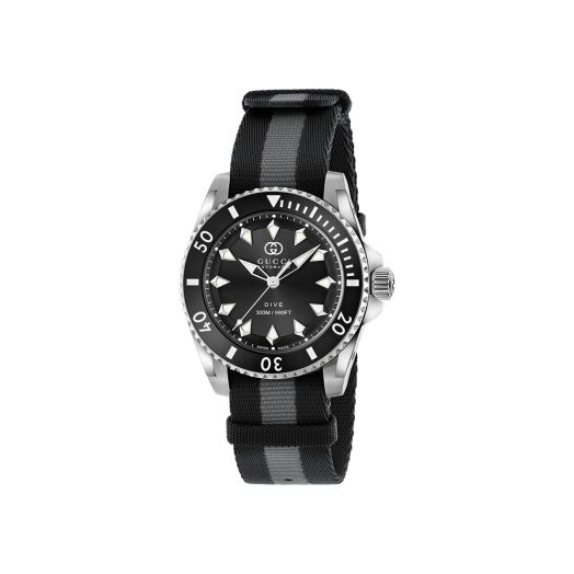 gucci watch with black amd grey fabric strap and black dial