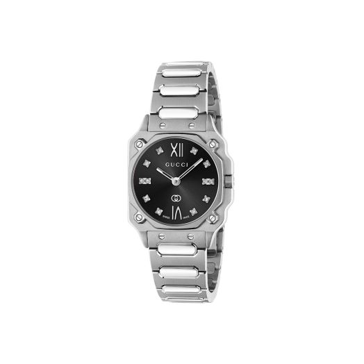watch with stainless steel case, black dial and diamond accents
