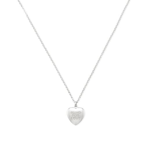 silver necklace with heart pendant engraved with "blind for love"