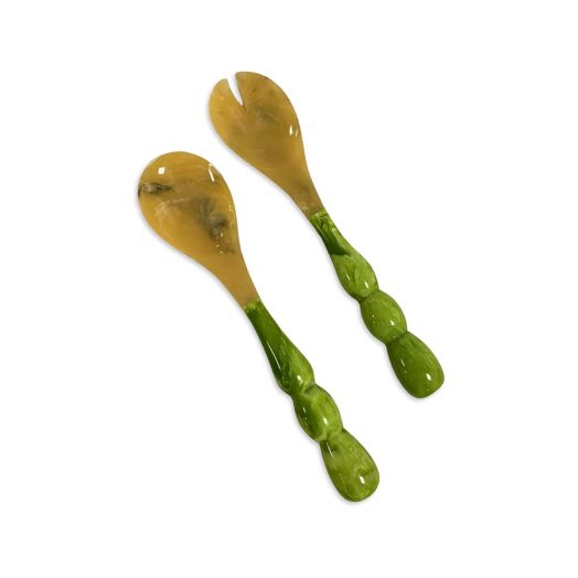 salad server set with green resin bubble handles