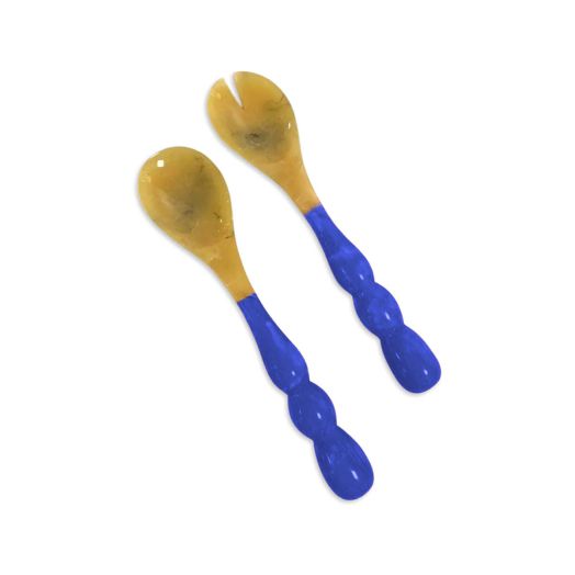 salad servers with blue bubbled handles