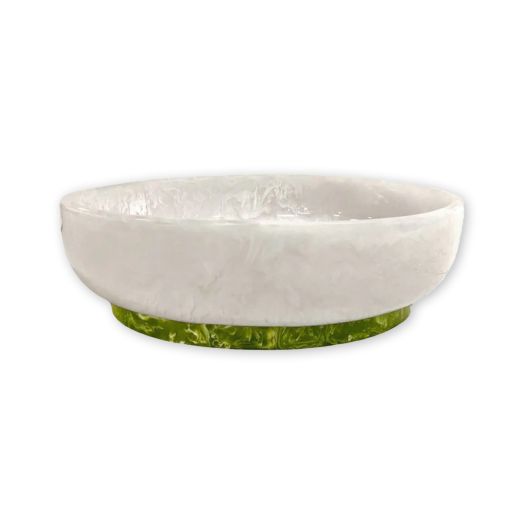 oval white resin bowl with green bottom