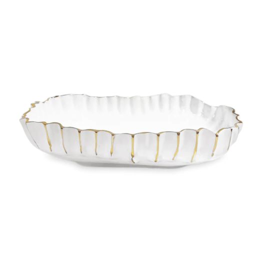 white enamel bowl with organic form and golden accents
