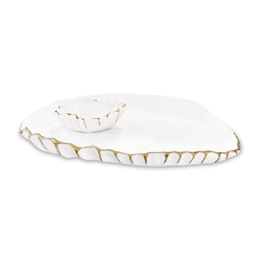 white enamel platter and bowl with golden accents