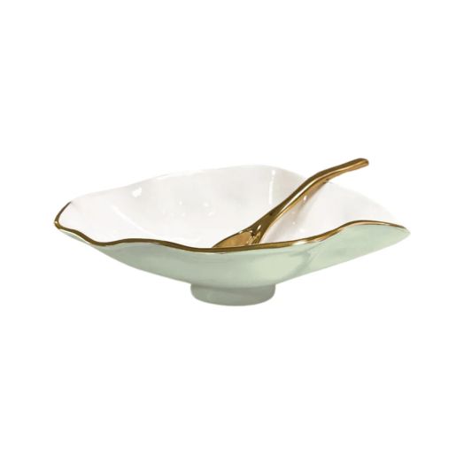 pistachio and white colored bowl with golden spoon