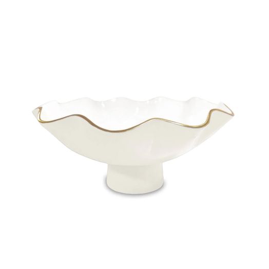 white pedestal bowl with scalloped edges and golden rim