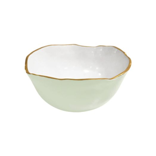 large pistachio and white colored bowl and golden rim