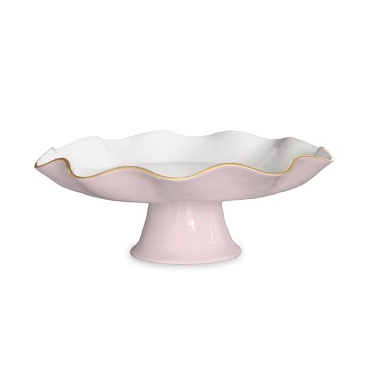 pink enamel cake stand with curved edges and golden rim