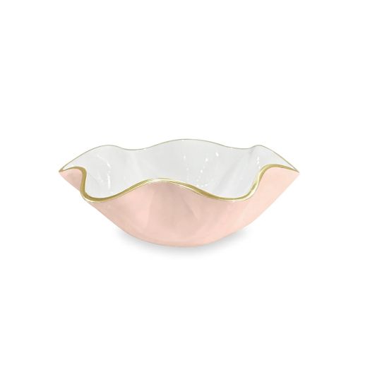pink enamel bowl with curved edges and gold edge