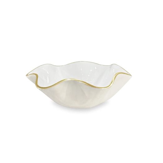 white enamel bowl with curved edges and golden edge