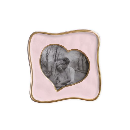 pink enamel frame with heart cut out and golden edge