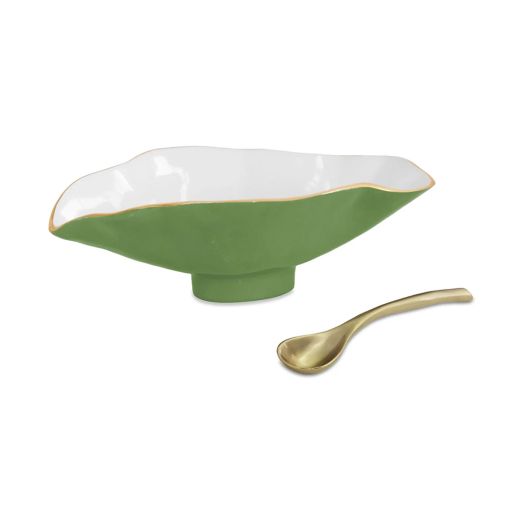 Green and white bowl with gold-tone trim accents and gold spoon
