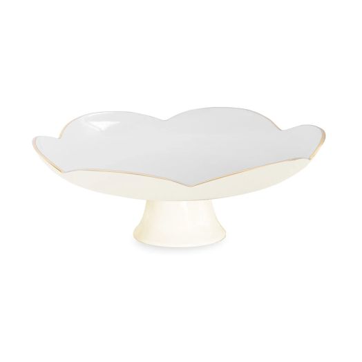Cream and white cake pedestal plate with gold trim details