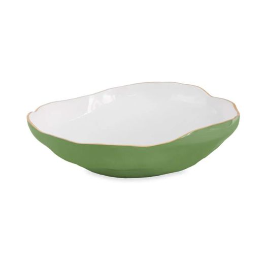 Green and white bowl with gold-tone trim accents
