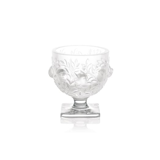 clear crystal vase with bird and floral detail