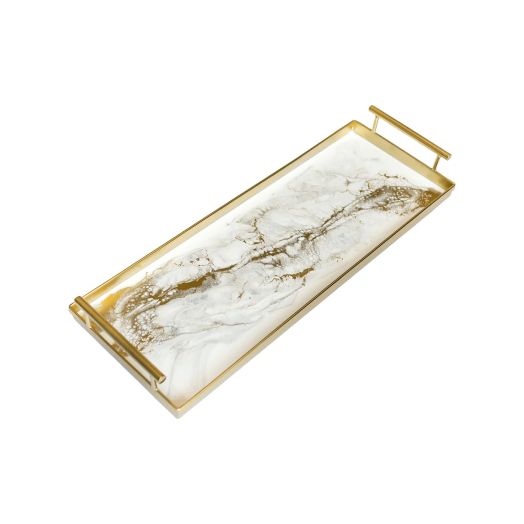 gold tray with handles and white marble textured pattern