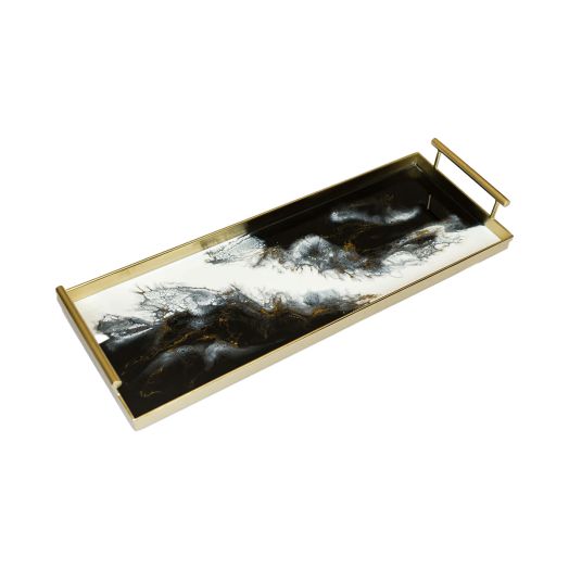 gold metal tray with handles and white and black resin swirl design