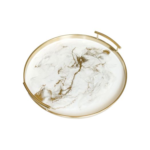 yellow gold round metal tray with handles with white swirl resin design