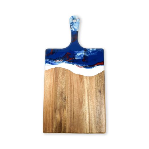 wood baord with blue white and red resin detail